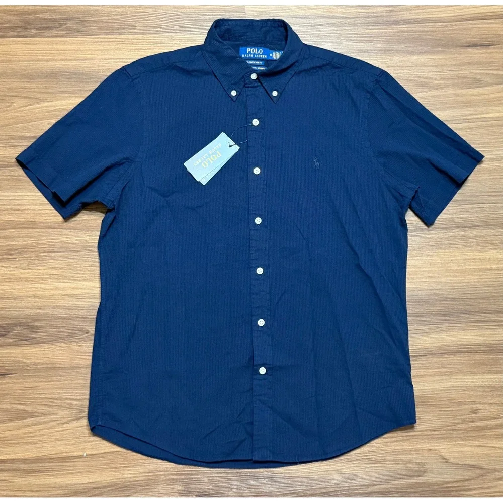 Polo Ralph Lauren Mens Navy Seersucker Short Sleeve Untucked Fit Shirt Sz M